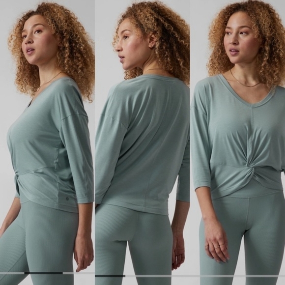 NWOT Athleta Embody Twist-Front 3/4 Sleeve Green Athletic Top Sage Green NEW - Picture 1 of 9